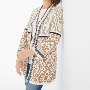 Chico's Sweater Women's Medium Cream Pattern Mix Audrey Open Front Cardigan NEW